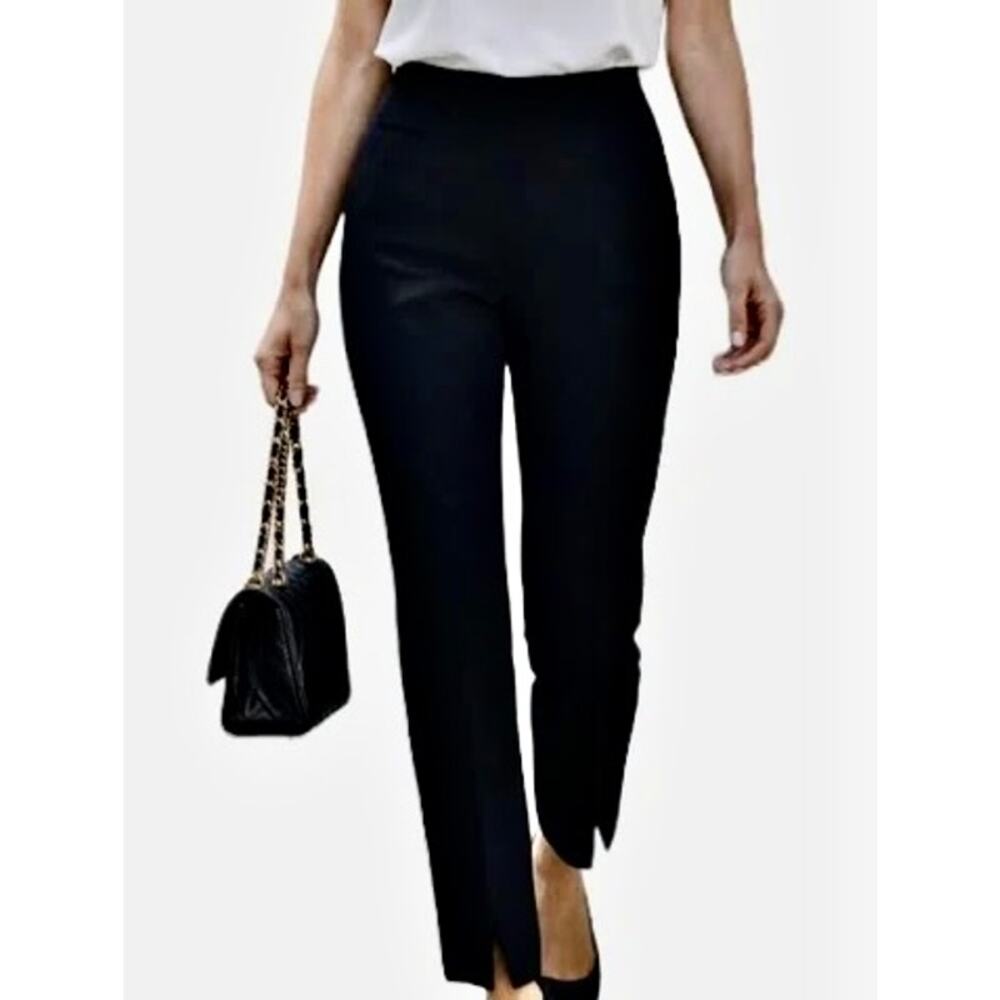 St. John Caviar Black Slit Crepe Knit Pants Trousers Classic Luxury Minimalist